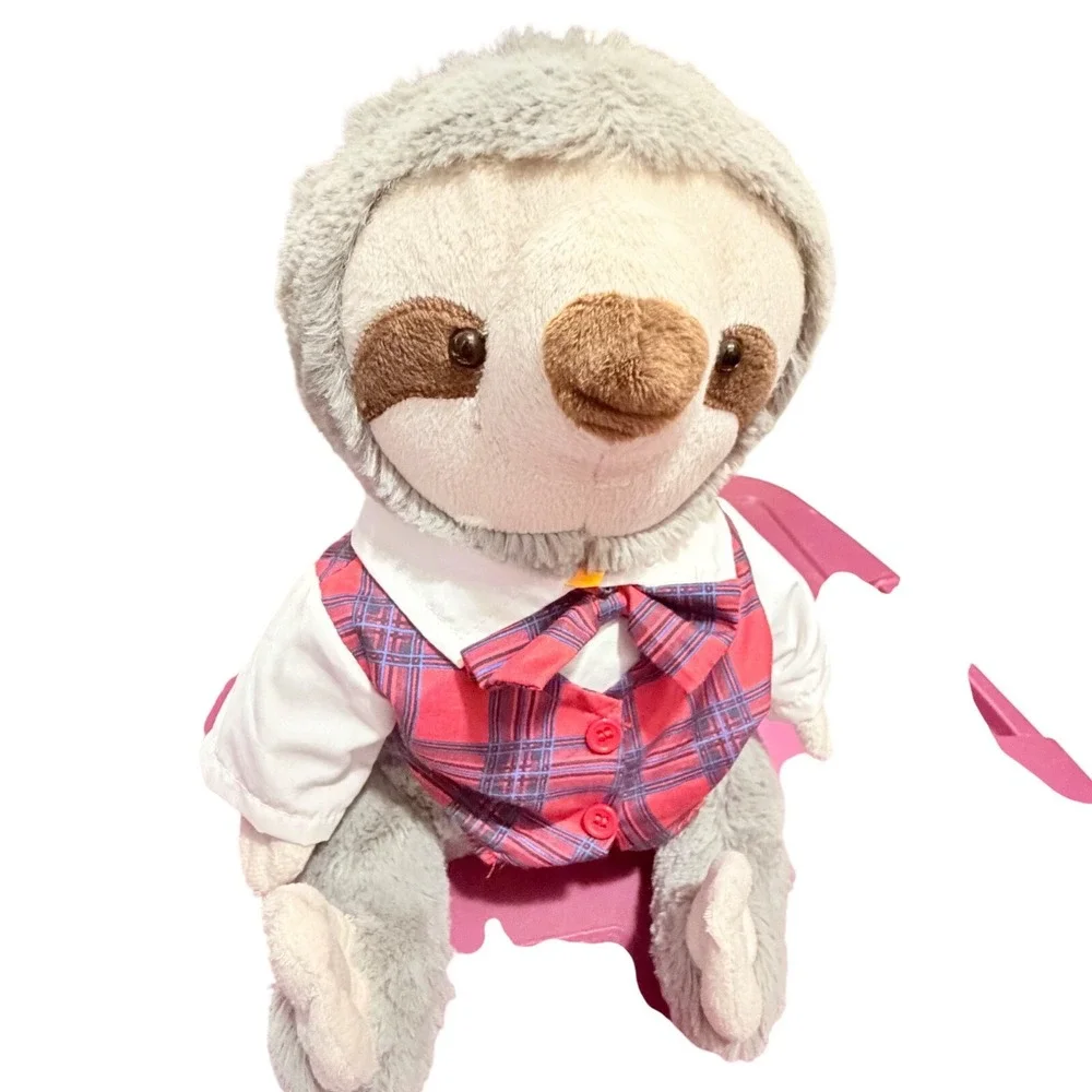 Build-A-Bear Workshop weighted Sloth‎ Plush Grey Dressed Plaid Vest Bow Tie 10in